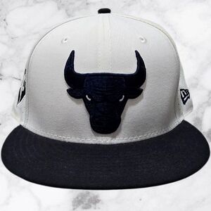 New Era White and Black Snapback Hat with Bulls Logo